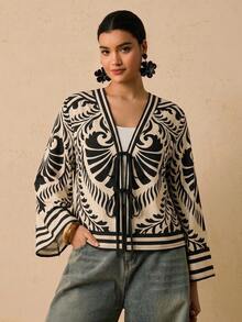 Travachic Plus Size Women's Long-Sleeve Shirt With A Black-And-White Tropical Print And Front Tie Design Fall Clothes Holiday Outfits - Multicolor - View 5