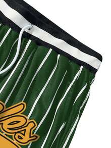 ROMWE MEN Prep Men's Letter Striped Drawstring Waist Casual Shorts - Green - View 5