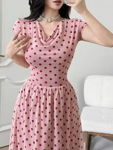Feyla New French Vintage Polka Dot Cowl Neck Cinched Waist Flared Hem Soft Style Dress - Multicolor - View 6
