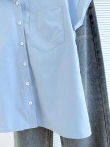 SHEIN PETITE 女款純色休閒百搭日常夏季襯衫 淺藍色 適合辦公 - 藍色 - 查看 5