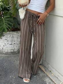 SHEIN EZwear 女款彩色條紋編織長褲 - 棕色 - 查看 4