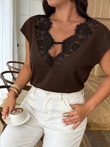 Weeklong Plus Size Women's Spring/Summer Lace Trim Patchwork Contrast Color Casual Vacation Blouse - Brown - View 1