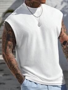 Manfinity Homme Camiseta casual de manga corta y cuello redondo de unicolor para hombre, uso diario, vacaciones - Blanco - Ver 7