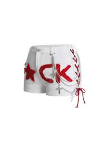 ROMWE J-Fashion Plus Size Women Sexy Hot Girl Denim Shorts With Letter Patchwork And Chain Decoration, Suitable For Dating, Vacation, Party, Beach, Daily Wear, Gathering, Outdoor Activities, Street Style - White - View 5