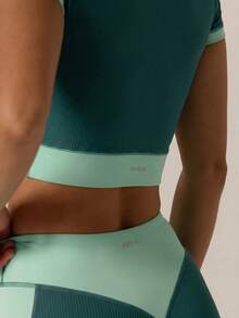 Aralina Women's Colorblock Patchwork Cropped Top & Shorts Sports Set - Green - View 6