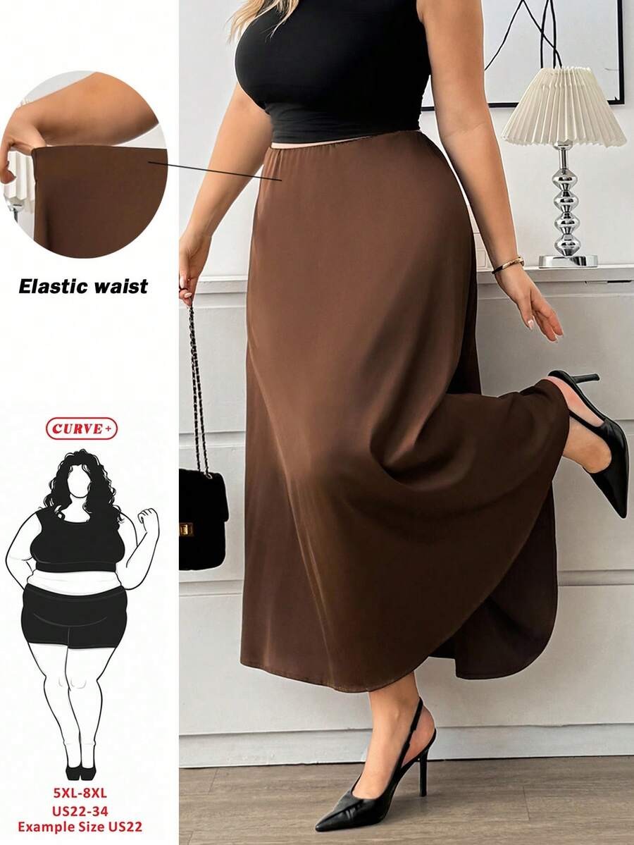 SHEIN CURVE+ 大尺碼女款純色優雅裙,適合通勤穿著 - 棕色 - 查看 1