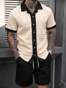 Manfinity CasualCool Men's Colorblock Short Sleeve Single-Breasted Shirt And Shorts Casual Set - Apricot - View 3
