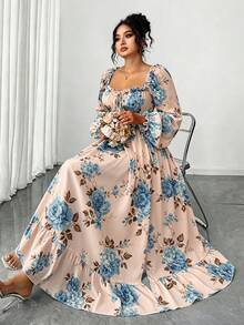 Elenzga Plus Size Women's Elegant French Lady Fashion Unique Ruffle Trim Puff Long Sleeve Cinched Waist Slim Fit Dress, Suitable For Daily Wear, Outings, Commuting - Pink - View 3