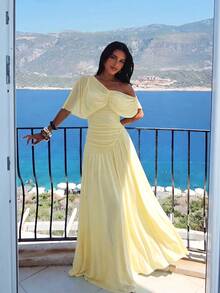 Aloruh Women's Elegant Solid Color Asymmetrical Collar Long Dress Vacation Pale Yellow Summer - Light Yellow - View 7