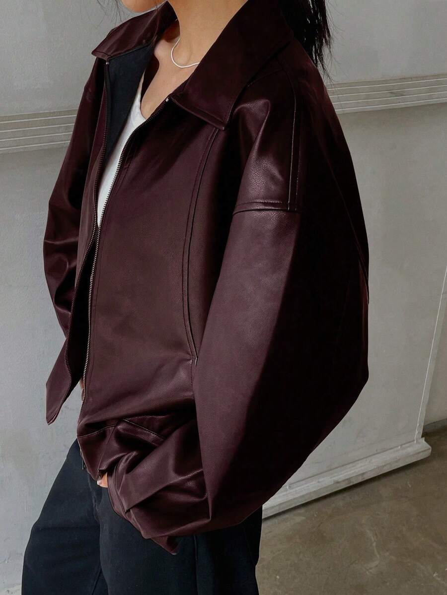 DAZY Chaqueta de cuero de motocicleta con solapa y cremallera, holgada y casual, manga larga, abrigo exterior para mujer, estilo escolar - Rojo - Ver 1
