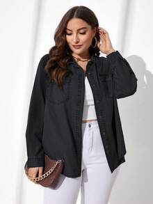 EMERY ROSE Plus Size Women's Long Sleeve Single-Breasted Utility Pocket Denim Shirt - Black - View 4