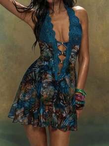 TypaGal Brown And Blue Summer Sexy Club Going Out Night Out Women Mini Dresses Lace Trim Deep V-Neck Mesh Halter Boho Y2K Vintage Ibiza Party Halloween - Multicolor - View 10