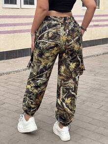 POPSWAY Plus Size Casual Camouflage Print Multi-Pocket Drawstring Cargo Pants - Multicolor - View 2