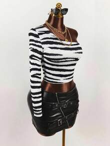 Mistrie Summer One-Shoulder Long Sleeve Zebra Print Cropped Fitted Top - Multicolor - View 4