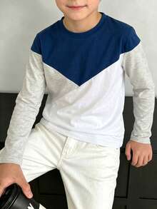 SHEIN Kids Tween Boy Casual Comfortable Versatile Colorblock Patchwork Design Crew Neck Long Sleeve T-Shirt Top, Suitable For Commuting, School, Daily Casual, Outings, Sports, Spring, Summer, Autumn, Winter - White - View 4