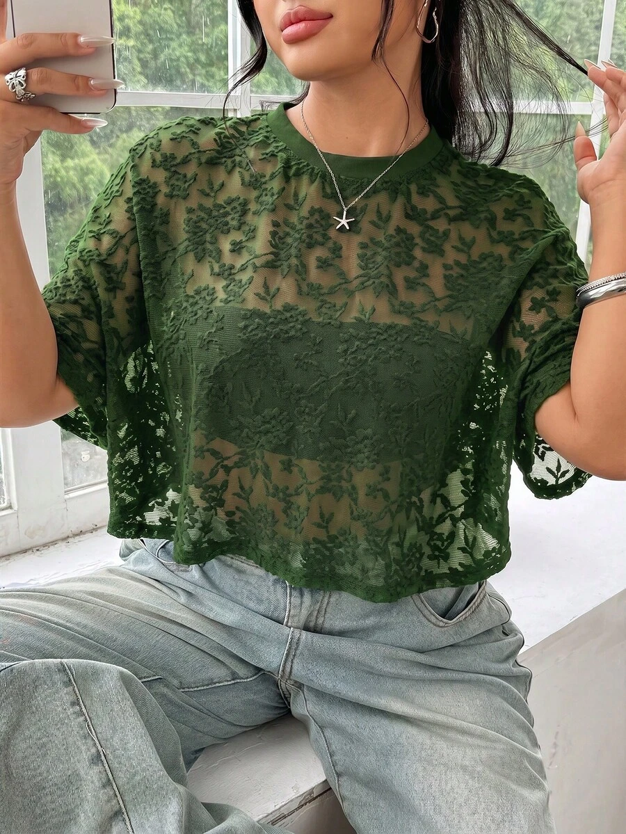 SHEIN EZwear 大尺碼女款網紗拼接性感透視休閒T恤 - 綠色 - 查看 1
