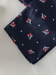 SHEIN Genkimix Kids 女童櫻桃印花條紋長袖上衣與長褲家居服套裝 - 藍白色 - 查看 5