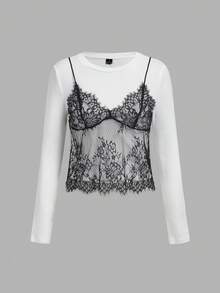 SHEIN MOD Women's Long Sleeve White 2 In 1 Lace Patchwork Crew Neck Cropped T-Shirt Date Everyday Autumn French Elegant.Halloween.Back To School. - Black and White - View 6