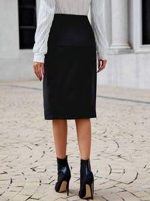 SHEIN Cottnline High Waist Fake Button Split Thigh Skirt - Black - View 6