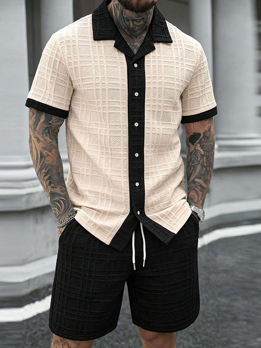 Manfinity CasualCool Men's Colorblock Short Sleeve Single-Breasted Shirt And Shorts Casual Set - Apricot - View 1