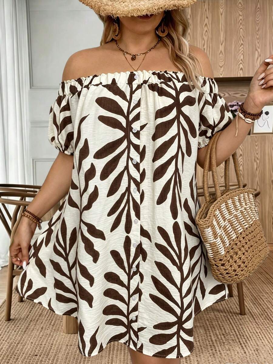 Weeklong Women's Plus Size Summer Square Neck Short Sleeve Leaf Print Comfortable Dress, Suitable For Casual Vacation, Beach, Daily Commute - Khaki - View 1