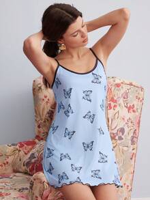 Elorette Butterfly Print Contrast Binding Lettuce Trim Cami Pajama Nightdress - Baby Blue - View 7