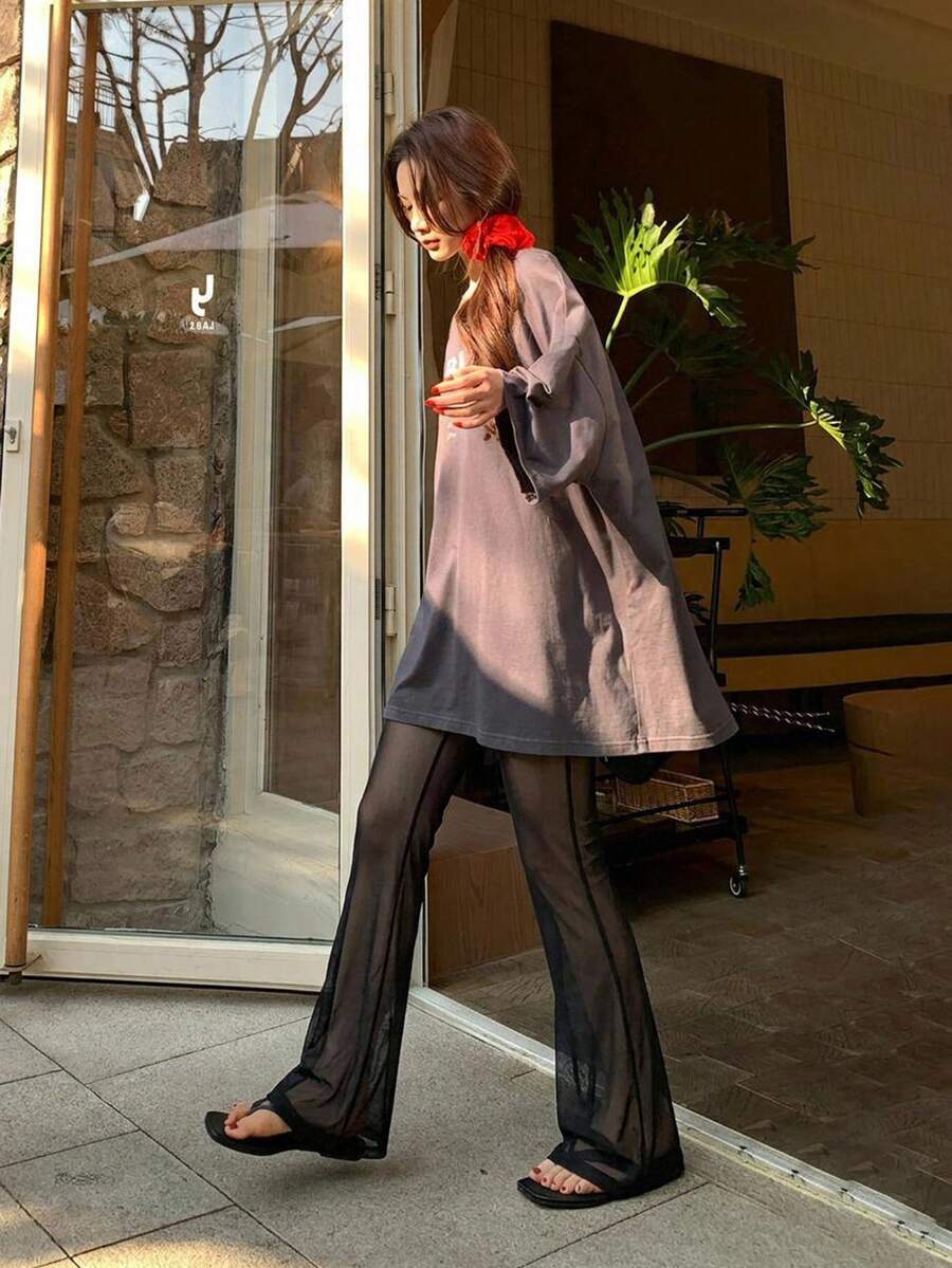 DAZY 女款小眾蕾絲拼接設計喇叭長褲 - 黑色 - 查看 1