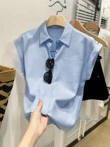 SHEIN PETITE 女款純色休閒百搭日常夏季襯衫 淺藍色 適合辦公 - 藍色 - 查看 1