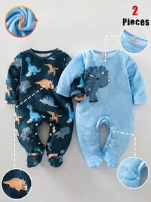 Newborn Baby Boy Autumn/Winter Soft Plush Fabric Dinosaur Digital Print Pattern Long Sleeve Jumpsuit 2-Piece Set Pajamas Loungewear - Multicolor - View 9