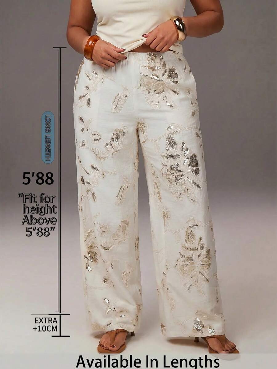 SHEIN Tall CURVE 大尺碼女款刺繡亮片設計直筒寬鬆優雅長褲 - 白色 - 查看 1