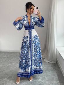 Elenzga Women's Floral Print V-Neck Button Elegant Midi Dress Fall Cloth For Women - Blue - View 3