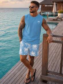 VIVINTIMO Men's Regular Fit Casual Vacation Coconut Tree Print Tank Top Set - Blue - View 2