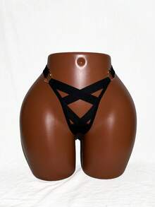AltBold Solid Ring Detail Criss Cross Sexy G-String - Black - View 1