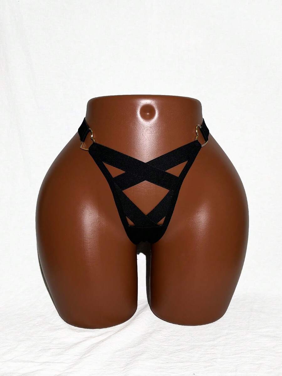 AltBold Solid Ring Detail Criss Cross Sexy G-String - Black - View 1