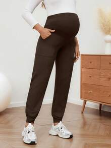 SHEIN 孕婦純色可調腰圍休閒百搭日常穿著長褲 - 巧克力棕 - 查看 6