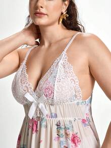 Slumbrini Plus Floral Print Contrast Lace Bow Front Cami Pajama Nightdress - Beige - View 5