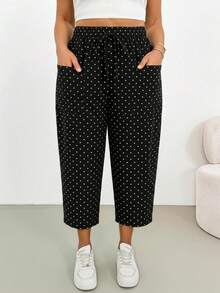 SHEIN Essnce 休閒度假復古圓點印花大尺碼女裝長褲附口袋黑色，適合春夏季，九分褲 - 彩色 - 查看 6