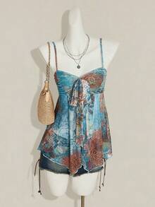 SHEIN ICON Women's Green Floral Print Mesh Camisole Tank Top, Casual Vacation Style - Multicolor - View 4