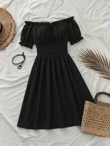 SHEIN VCAY Vestido de vacaciones sin hombros de talla grande con estampado de leopardo - Negro - Ver 1