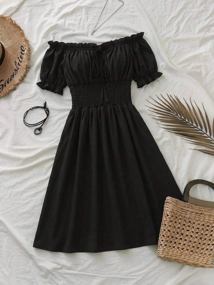 SHEIN VCAY Vestido de vacaciones sin hombros de talla grande con estampado de leopardo - Negro - Ver 1