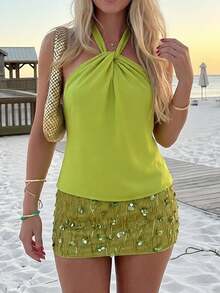 Lavishia Women's Halter Top And Sequin Mini Skirt Elegant Sexy Luxury Set, Suitable For Vacation Beach Night Out Green Summer - Green - View 4