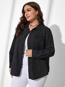 EMERY ROSE Plus Size Women's Long Sleeve Single-Breasted Utility Pocket Denim Shirt - Black - View 3