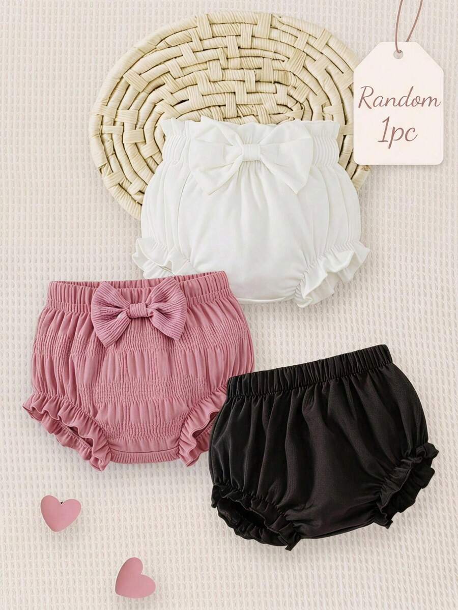 SHEIN Playful Pals 新生女嬰可愛簡約百搭純色奶油白針織面料3D蝴蝶結裝飾荷葉邊短褲,適合日常穿著與外出 - 白色 - 查看 1