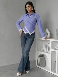 Veilorie Women's Striped Lace Patchwork Pleated Casual Daily Wear Arabic Style Blouse - Blue and White - View 11
