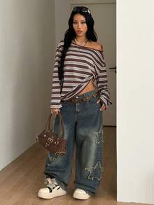Coolane Women's Autumn Streetwear Casual Vintage Y2K Going Out Night Everyday Daily Wear Graphics Brown Striped Comfortable Asymmetrical Neck T-Shirt - Brown - View 4