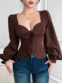 Feyla Kemeja Wanita Lengan Panjang Warna Polos dengan Desain Tali Lubang Kancing - Coffee Brown - View 4