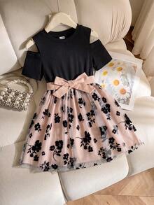 SHEIN Glamorique Kids 年輕女孩露肩短袖花卉網片拼接套頭裙,配上腰帶,適合淑女風格 - 彩色 - 查看 4