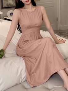 DAZY 3D Floral Decor Waist-Cinching Sleeveless Dress Summer Outfit Women's Nightgown - Pink - View 5