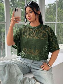 SHEIN EZwear 大尺碼女款網紗拼接性感透視休閒T恤 - 綠色 - 查看 4