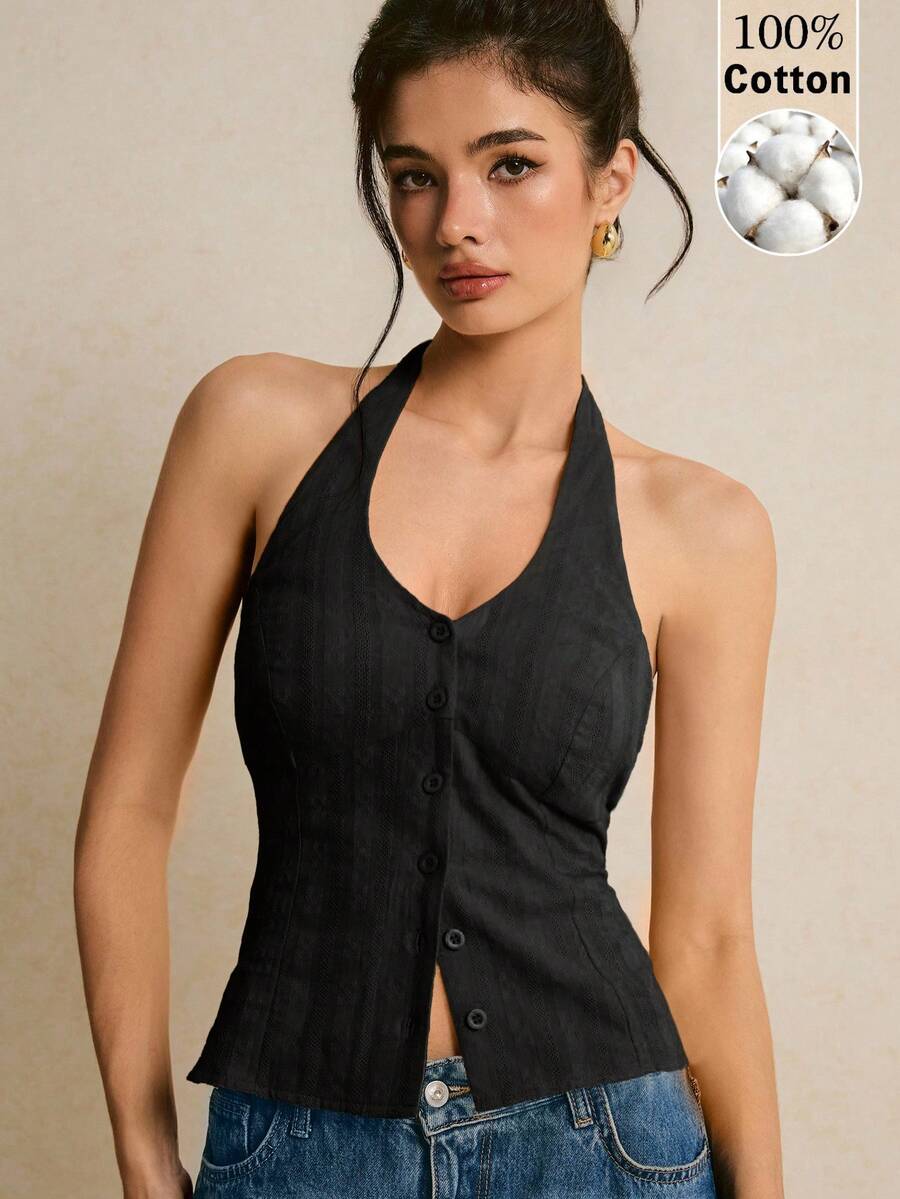 Poéselle Women's Solid Color Front Button Backless Halter Top - Black - View 1